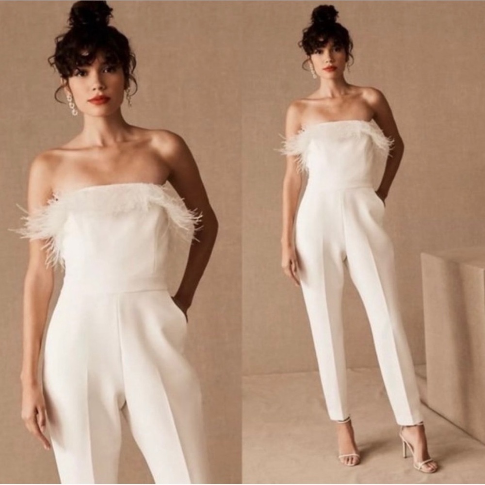 Saylor White Feathered Trimmed Jumpsuit